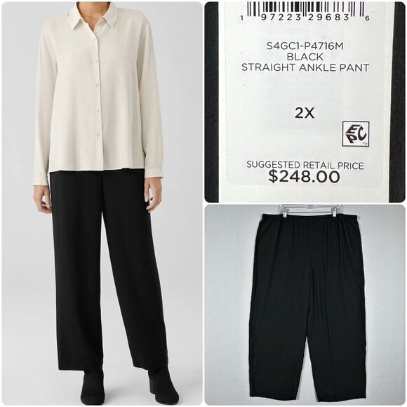 NWT $248 EILEEN FISHER Silk Pants Size 2X Georgette Crepe Straight Ankle Black - Picture 1 of 16